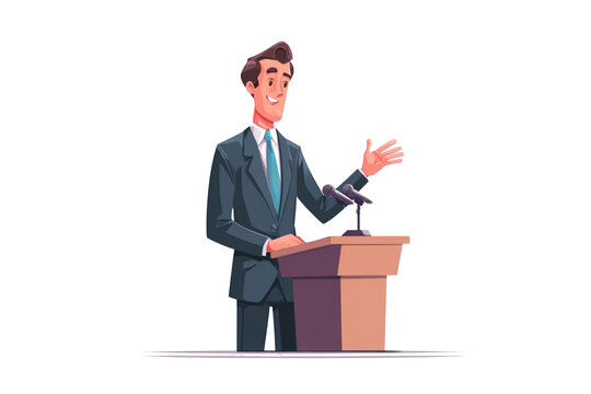 Cartoon man in suit giving a speech at podium with microphone on a black isolated background scene - Powered by Adobe