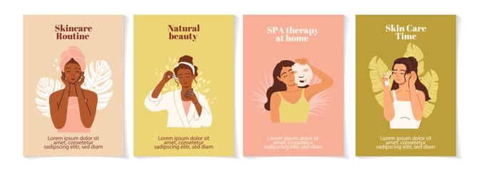 Beauty and spa poster templates set. Woman business marketing salon ads. Skincare and healthy skin concept. Women take care of their bodies. For card, banner, invitation