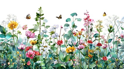 Watercolor Wildflower Meadow with Butterflies