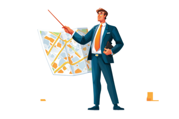 Man in suit pointing at map with stick presenting business strategy and holding tablet device cartoon art