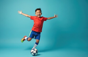 Fototapeta premium Happy boy soccer player celebrates goal. Cheerful child in red t-shirt shorts kicking the ball. Joyful kid with arms up on teal background. Sport concept victory success.