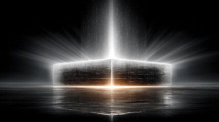 Futuristic digital data cube emitting powerful white light beams on dark reflective surface.