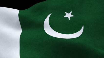 Pakistan National Flag cloth waving in wind isolated on black background