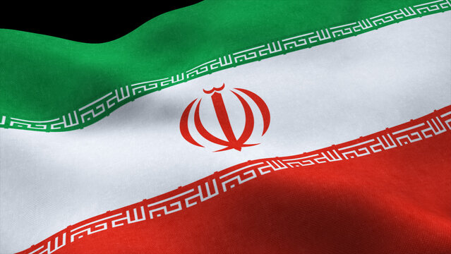 Iran flag swaying in the wind isolated on black background