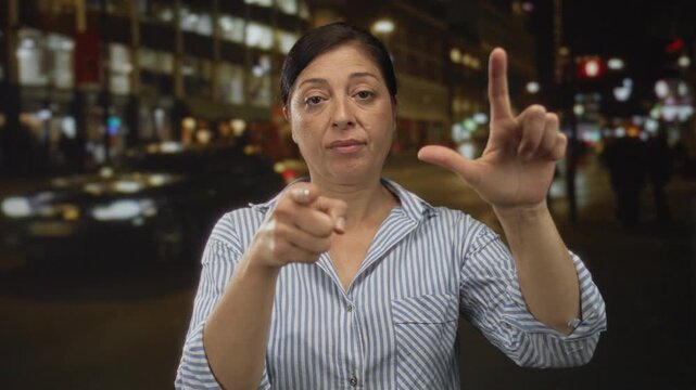 Hispanic woman making loser gesture with one hand and pointing finger toward camera on street; mockery.