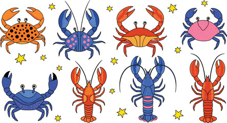 Colorful Sea Creatures Vector Set Featuring Cartoon Crabs and Lobsters Isolated on White Background for Kids' Design, Ocean Wildlife, and Summer Themes
