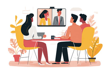 People in a meeting room having a video conference call with two people on the screen display