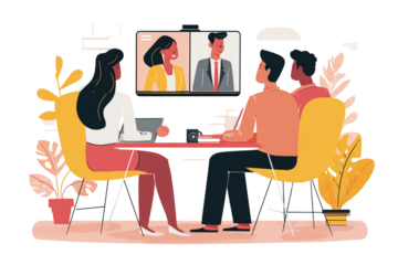 People in a meeting room having a video conference call with two people on the screen display