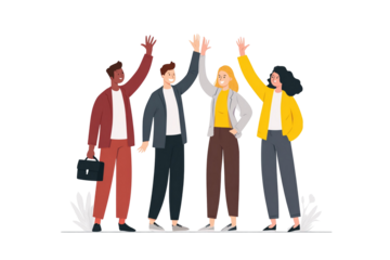 Illustration of four diverse business people raising their hands in a gesture of celebration