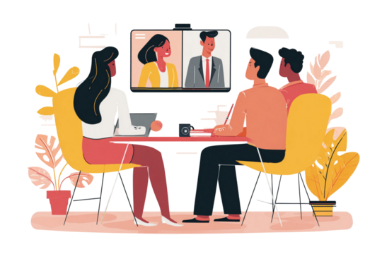 People in a meeting room having a video conference call with two people on the screen display - Powered by Adobe