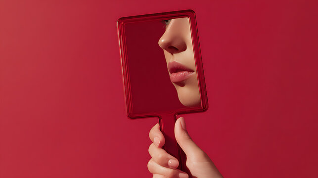 Red mirror reflecting part of a face on a solid red background. The focus is on the lips, nose, and skin tone. A hand is holding the mirror adding depth to the scene.