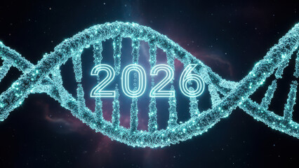 2026 Futuristic DNA Helix with Glowing Molecular Structure in Space Background