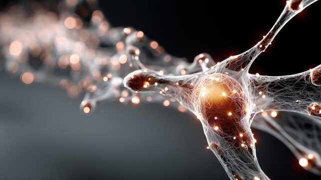 Microscopic view of glowing biological neuron structure with orange connections.

