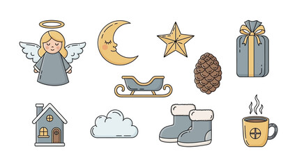 Whimsical Festive Elements: An assortment of charming Christmas-themed icons, including an angel, moon, star, gift, pinecone, house, cloud, boots, and a warm cup, creating a heartwarming scene.