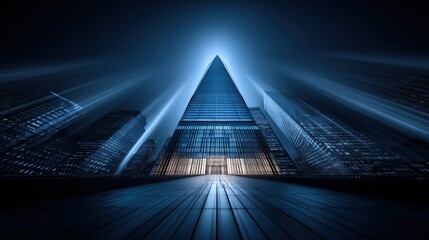 Futuristic city street with glowing blue glass pyramid building and laser beams at night.


