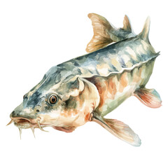 Sturgeon in watercolor style, vector illustration, isolated on white background.