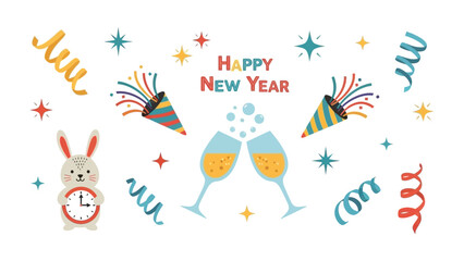 New Year Celebration Illustration: A colorful and festive illustration celebrating the New Year. featuring a rabbit holding a clock, champagne glasses, confetti, and party poppers.
