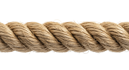 A thick brown natural fiber rope with a detailed twisted texture, isolated on a transparent background. Concept of strength and durability
