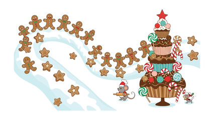 Gingerbread Fantasy: A whimsical illustration of a festive scene with gingerbread cookies marching along a snowy path towards a decorated cake