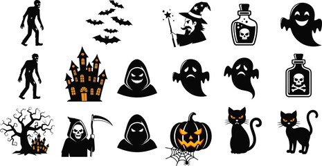 Halloween icons, spooky clipart, zombie vector, ghost silhouette, haunted house, grim reaper, black cat, bats, wizard, potion bottles, scary tree