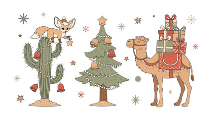 Festive Cactus, Tree, and Camel Scene: A whimsical illustration showcases the festive spirit with a decorated cactus, a Christmas tree, and a camel carrying presents, accompanied by a playful fox.