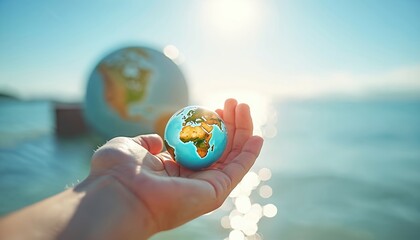 Person holds small earth globe in hand. Concept save planet. Earth model shows continents. Ocean, water on background. Globe sphere close up. Ecology, eco awareness concept. Day earth.