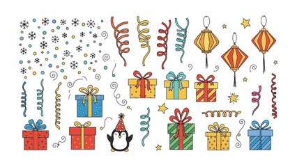 Celebratory Assemblage: A vibrant collection of celebratory elements, including gift box and a penguin and festive decorations creating a joyful atmosphere for a holiday or special occasion.