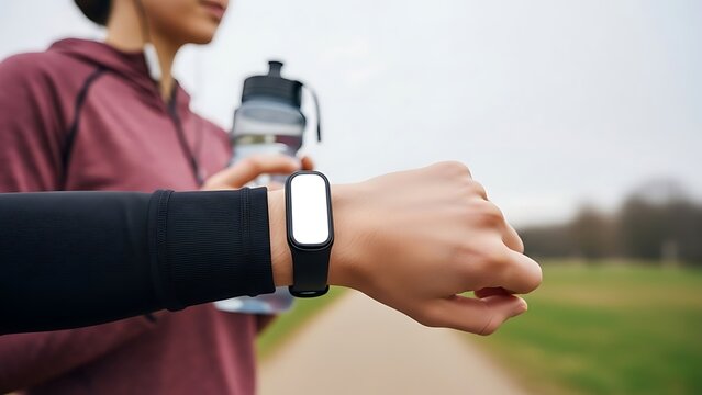Woman checking fitness tracker during outdoor workout, holding water bottle. - Powered by Adobe