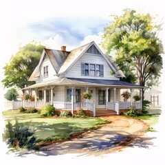 Watercolor painting of a charming two-story house with a wide porch and lush landscaping