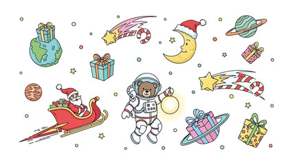 Celestial Holiday Dreams: Whimsical illustrations, featuring Santa, a space bear, and gifts, floating amidst planets, stars, and celestial bodies