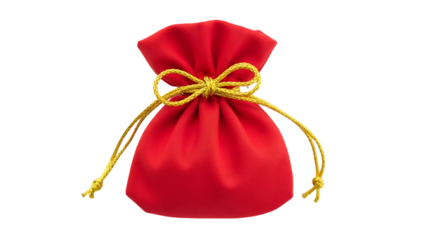 Small red velvet pouch tied with a yellow ribbon