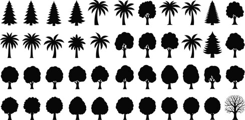 Tree silhouette collection, black vector icons, diverse tree shapes, nature illustration, forest design, botanical elements, landscape art, foliage set