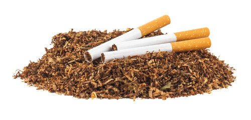 A pile of tobacco and cigarettes isolated on white background.