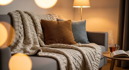 Cozy living room scene with a sofa, blanket, pillows, side table, book, and warm lighting effect