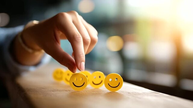 Faceless hand choosing happy smile face paper cut good feedback rating positive customer review mental health assessment child wellness world mental health day think positive