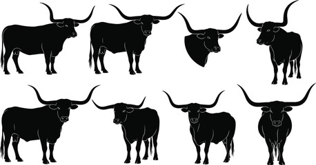 Collection of Texas Longhorn cattle silhouettes with large curved horns in various poses for western design vector