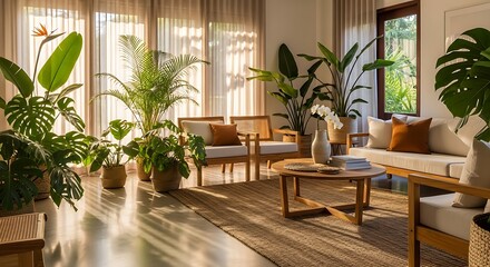 Bright living room with wooden furniture plants and natural light streaming through sheer curtains