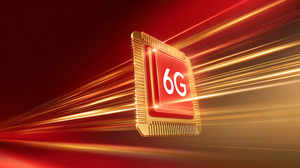 A golden computer chip with the 6G network logo is placed in the middle with light streaks on the background. It is a futuristic technology concept for high speed internet.