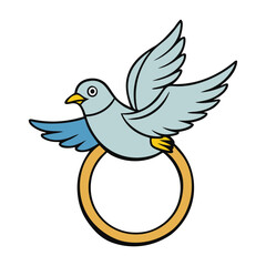 A graceful pigeon soars above a delicate ring, wings spread wide in elegant motion, symbolizing freedom, peace, and love as it glides with lightness and serene beauty.
