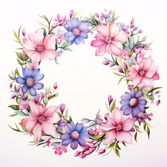 Floral watercolor wreath with pink and purple flowers on a white background