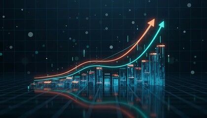 Abstract financial growth chart with glowing lines and a cityscape background