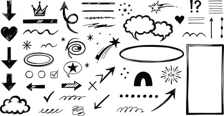 A collection of hand-drawn white doodle elements and symbols 