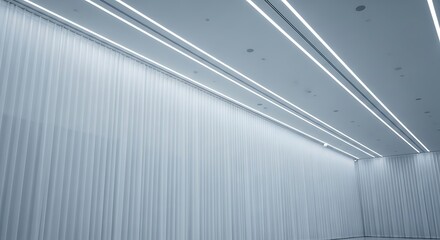 Interior view of a modern room with white curtains and linear lighting on the ceiling design space