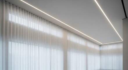 Interior view of a room featuring sheer white curtains and modern recessed ceiling lighting design element