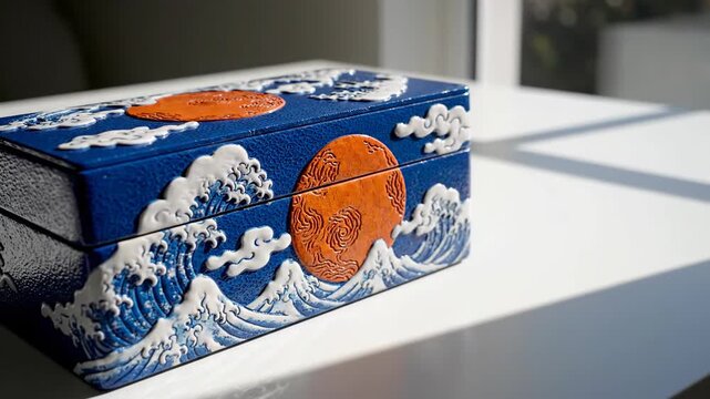 Blue decorative box with white embossed waves and orange sun moon motif on white surface under natural light