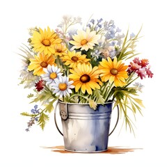 Watercolor daisies and mixed flowers in bucket evoke the charm of a floral arrangement