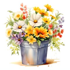 Colorful watercolor flowers in metal bucket arrangement on white background