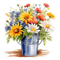 Watercolor painting of colorful wildflowers in a metal bucket with a white background