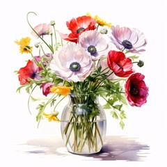 Elegant bouquet of anemones and poppies in a glass vase watercolor style