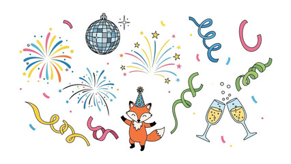Fototapeta premium Festive Celebration: A delightful illustration showcases a spirited fox reveling amidst vibrant fireworks, a disco ball, shimmering confetti, and celebratory champagne flutes.